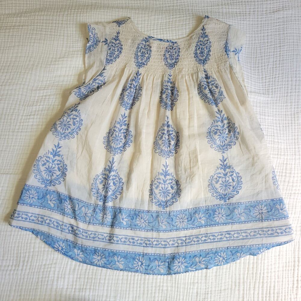 BELL Alicia Bell Sz M Blue White Top Boho Blouse Floral Cotton Silk Sequin Flowy - Picture 5 of 6